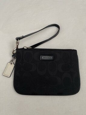 COACH Black Signature Canvas Wristlet with Silver Hardware